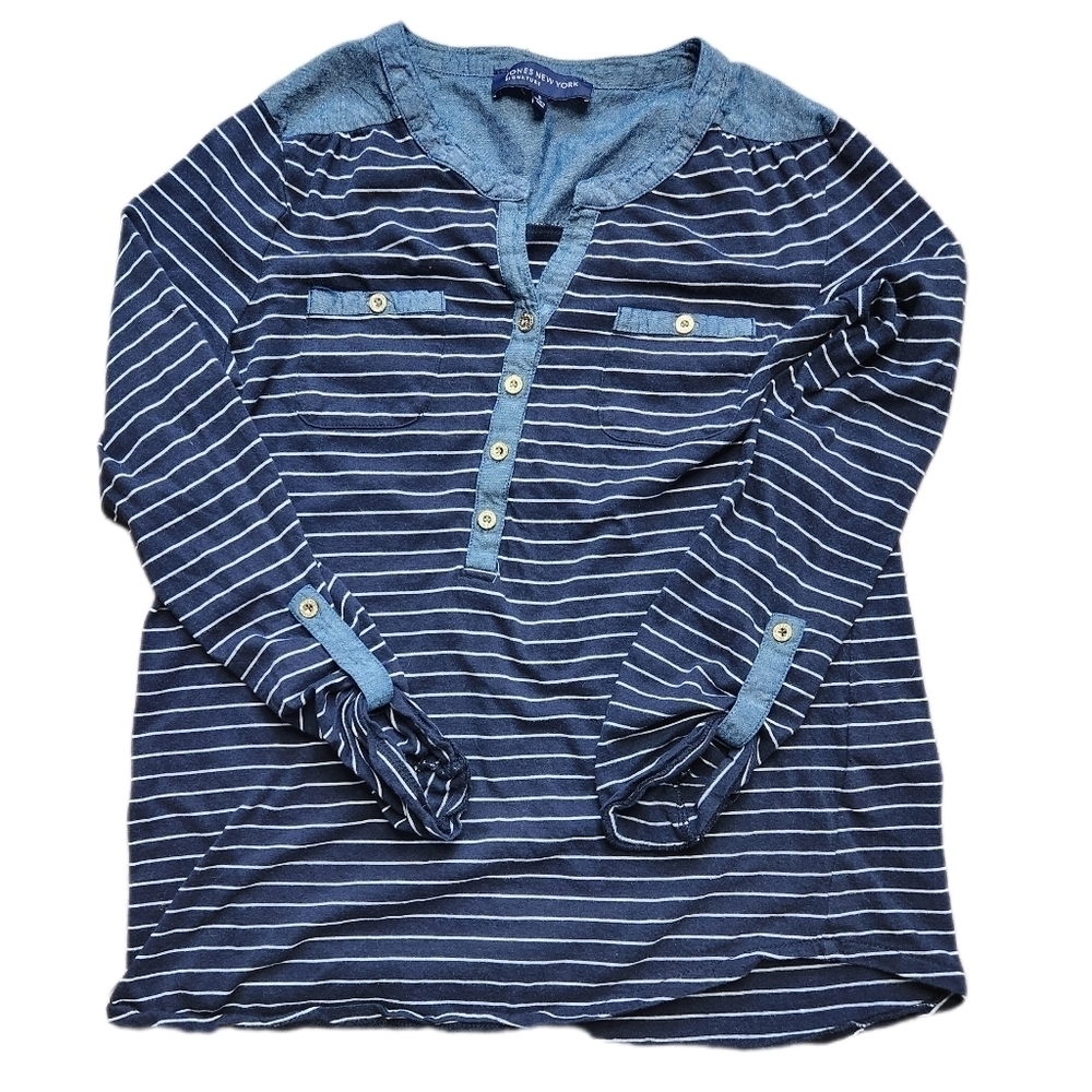 JONES NEW YORK SIGNATURE mid sleeve blue stripped shirt Size S